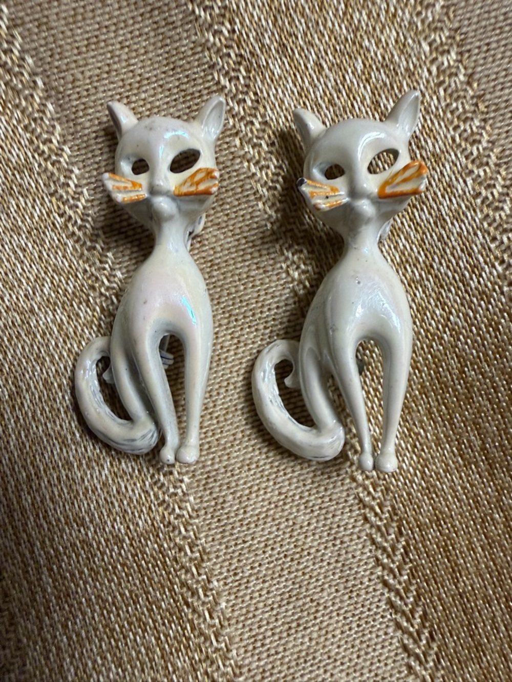 Pair of Vintage MCM Pearl White Enameled  Cat Pins